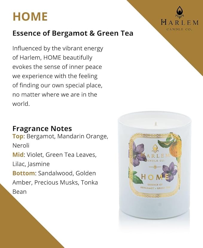 HARLEM CANDLE CO. Home - Luxury Scented Soy Candle 11 oz - 80-Hour Burn Time | Bergamot Jasmine Sandalwood Mandarin Orange and Green Tea Leaves | Scented Candles for Home
