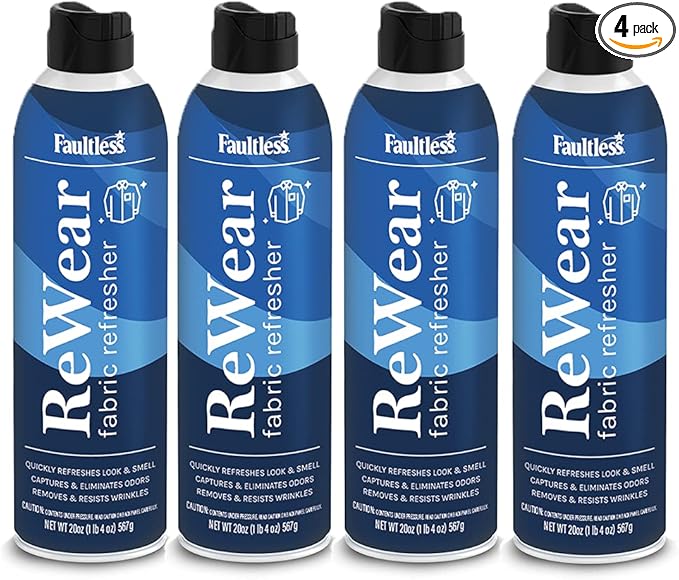 Faultless ReWear Dry Wash Spray for Clothing – Wrinkle Remover Fabric Refresher Spray Captures Odors – Like Dry Shampoo for Clothes: Fresh Look W/Out Laundry 20oz 4Pack