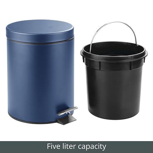 mDesign Pedal Bin — Metal Waste Bin with Pedal Lid and Plastic Bucket Insert — for Bathroom Kitchen and Office — 5 Litre Household Rubbish Bin with Ergonomic Design — Blue