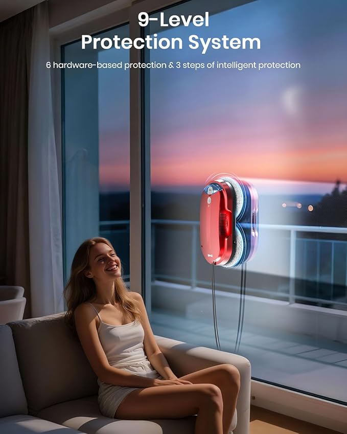BNZ Smart Window Cleaning Robot Twin Turbo &amp Dual Auto-Spray Window Cleaner with Multiple Safety System AI Path Planning Frameless Edge Detection K1 (Ruby Red)