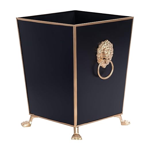 Jaye's Studio Decorative Black Bathroom Trash Can No Lid with Gold Trim Black Metal Trash Can Farmhouse Waste Basket for Dorm Room Bedroom Home Office Square Waste Bin No Lid Lion Head Accent