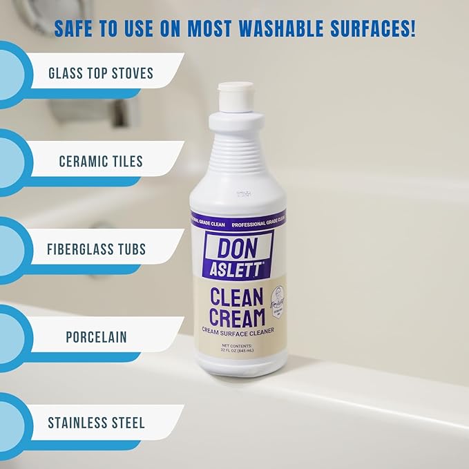 Don Aslett Clean Cream (32 Oz Bottle Pack of 2) Removes Kitchen Build-Up Bathroom Stains Soap Scum Grease | Whitening and Deodorizing Glass Stainless Steel Ceramic Surfaces and More.
