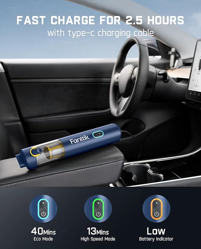 Fanttik Slim V8 APEX Car Vacuum 4-in-1 Portable Mini Cordless Vacuum with 19000pa Suction Power Type-C Charge 2 Suction Modes Handheld Vacuum for Small Jobs Car Office Desk Keyboards (Blue)