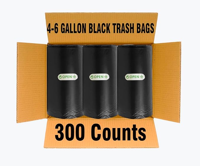 4-6 Gallon Trash Bags 300 Count Black Garbage bags Multi-purpose Trash Can Bin Liners for Bathroom Office Industrial Commercial Janitorial Municipal Recycling