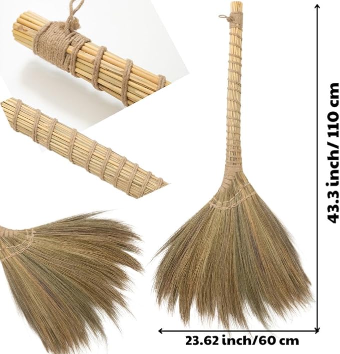 Outdoor Broom for Floor Cleaning 43.3'' Length Heavy-Duty Natural Grass Broom for Sweeping Concrete Courtyard Garage Patio Indoor Home Kitchen Office Lobby