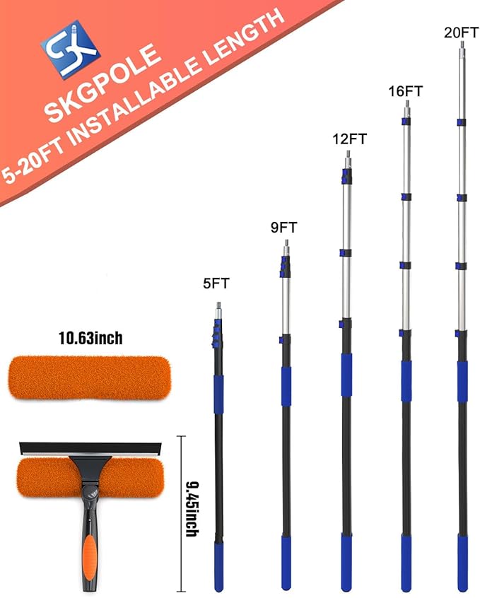 26FT Reach Window Squeegee for Window Cleaning Kit with 5-20 Foot Telescoping Extension Pole 2 in 1 Window Squeegee Cobweb Duster Dust Kit Window Washing Kit for Car Shower Glass Door
