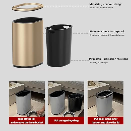 9L/2.4GALSlim Bathroom Trash Can 12 * 7.75 * 13.67 inches Stainless Steel with PP Inner Bucket Smooth with Garbage Bag Inner Lining Suitable for bathrooms bedrooms Offices Hotels