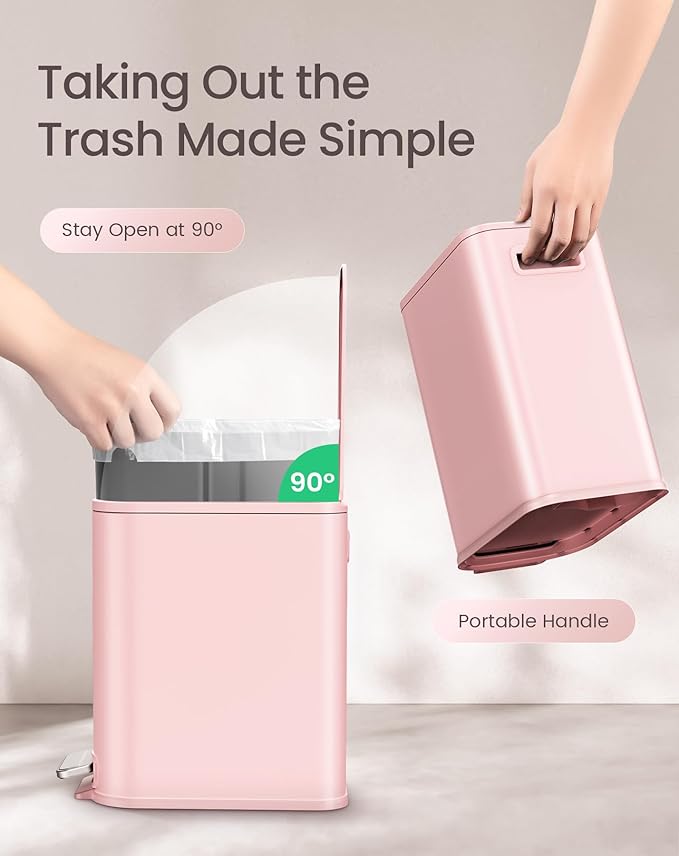 Cesun Small Bathroom Trash Can with Lid Soft Close Step Pedal 5 Liter / 1.3 Gallon Stainless Steel Garbage Can with Removable Inner Bucket Waste Basket for Bathroom Bedroom (Pink)