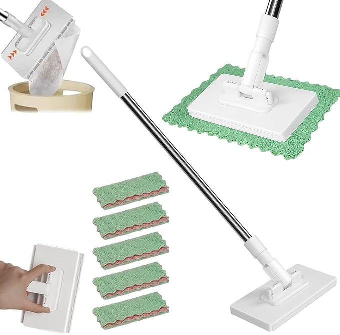 Disposable Dust Mop with 5 Reusable Cloths 2026 Upgrade 39 Long Handle Wet and Dry Flat Mopping Sweeper Stick No Wash Clip Mops with Locking Head Retractable Gap Dust Cleaner for Wet &amp Dry