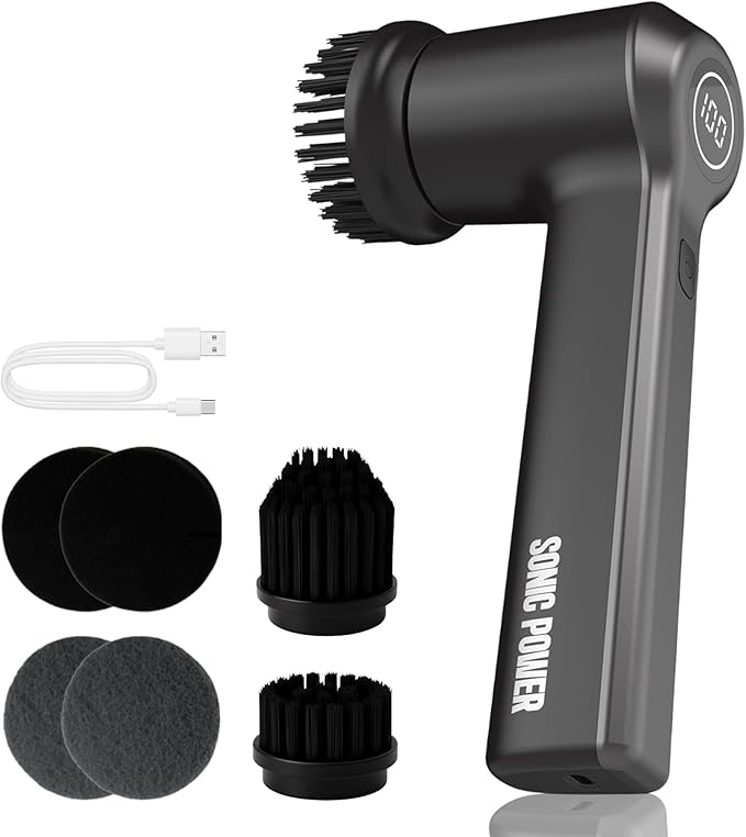 Electric Spin Scrubber – Handheld &amp Ergonomic IPX7 Waterproof 4 Multi-Purpose Brush Heads Long-Lasting Rechargeable Battery – Cleans Dishes Bathroom Tile Grout &amp Kitchen (Black)