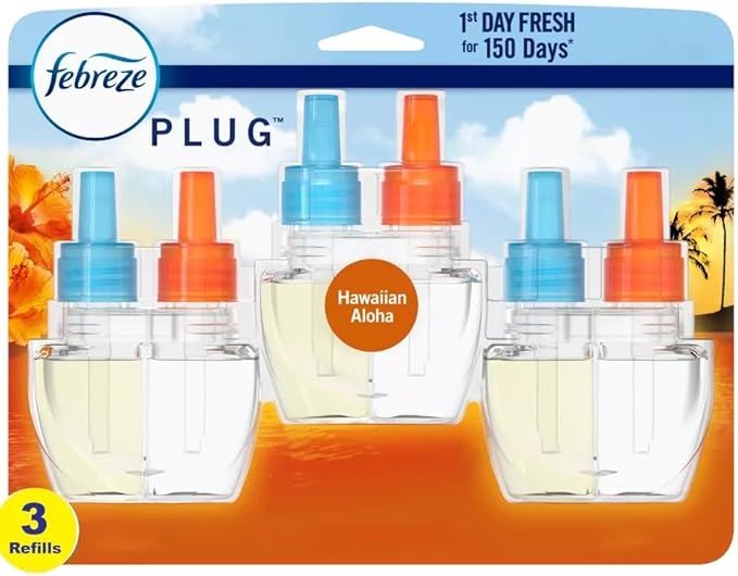 Febreze Odor-Fighting Air Freshener Room Fresheners Air Effects Air Freshener Refills Fade Defy Plug Technology - (1 Pack) contains (3) of 0.87 fl oz Refills (Hawaiian Aloha)