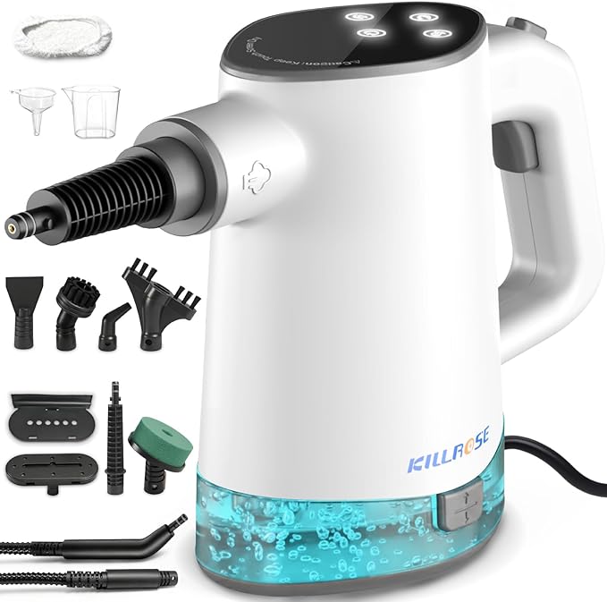Killrose Handheld Steam Cleaner Pressurized Steam Cleaner with 10–15s Fast Heat Dual Power Modes &amp Self-Clean Multi-Surface Steamer with 12 Accessories for Kitchen Bathroom Car