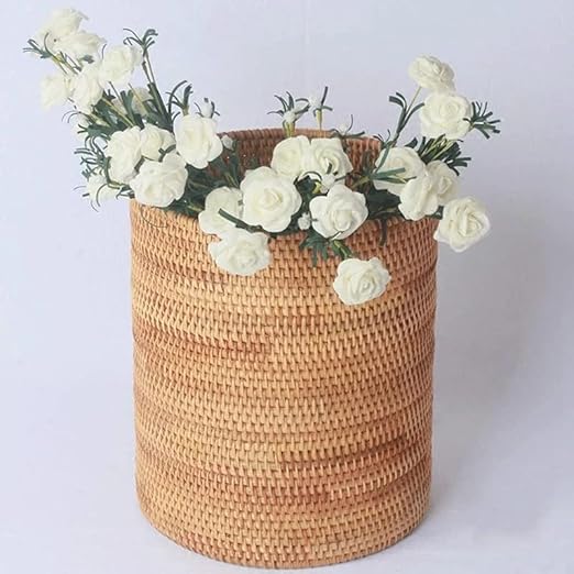 Koolouispoper Handmade Rattan Trash Can Cylinder Storage Desktop Trash Can Rattan Trash Can Storage Basket (20CM)
