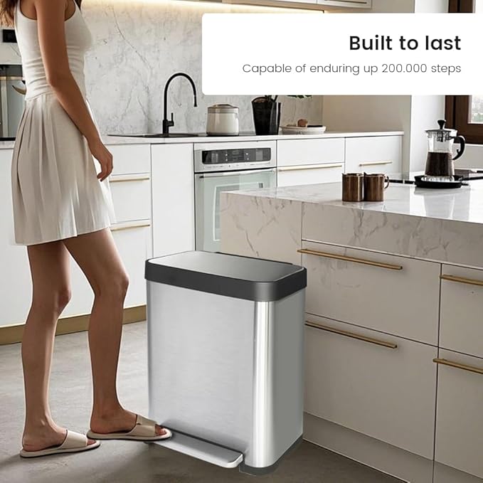 10 Gallon Ktichen Trash Can with Lid Stainless Steel Trash Can with Removable Inner Bucket Soft Close Lid Step-On Pedal Bin for Kitchen Office Bathroom