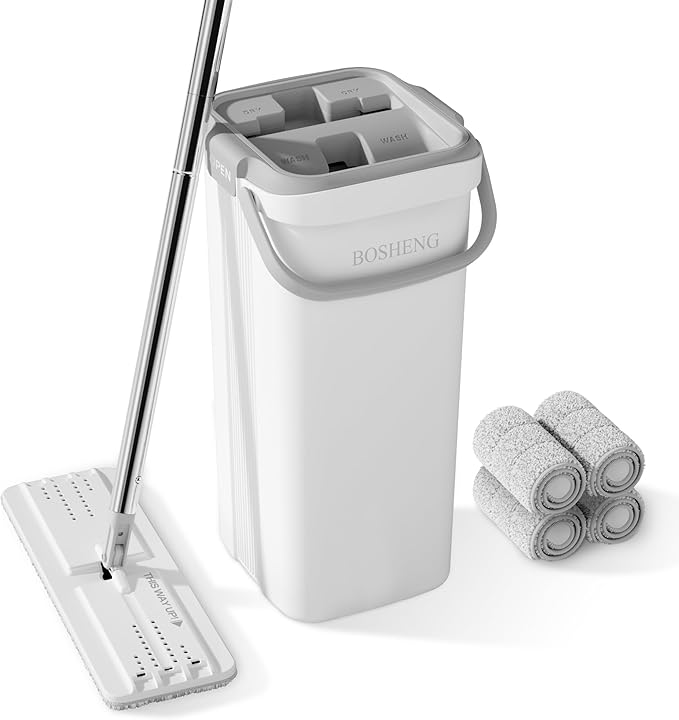 Mop and Bucket Set Flat Mops for Floor Cleaning Wall Mop with 60 Extensible Handle Hardwood Floor Mop with 4 Microfiber Pads