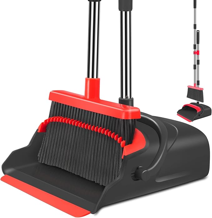kelamayi Upgrade Broom and Dustpan Set Broom with Dustpan Combo Set Large Size and with Long Handle UprightIdeal for Indoor Outdoor Garage Kitchen Room Office Lobby Use (Black&ampRed)
