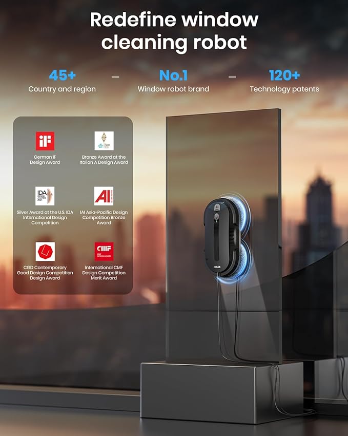 BNZ Smart Window Cleaning Robot Twin Turbo &amp Dual Auto-Spray Window Cleaner with Multiple Safety System AI Path Planning Frameless Edge Detection K1 (Matt Black)