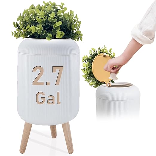 Yatmung Bathroom Trash Can with Lid - Small Bathroom Garbage Can - Bedroom Office Living Room Entryways - Disguised Decorative Trash Bin (Faux Plant) - Plastic Hidden Waste Basket - 2.7 Gal White