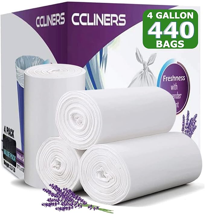 4 Gallon Trash Bag Lavender Scented (440 Count) Small Bathroom Garbage Bags Wastebasket Can Liners White Trash Bags for Home Kitchen Office Bins (440 Bags)