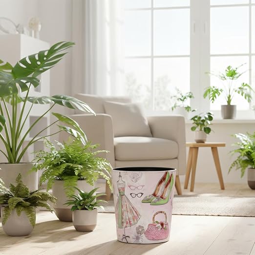PU Leather Small Trash Can Wastebasket Round Garbage Container Basket for Bathrooms Laundry Room Kitchens Offices Kids Rooms BedroomsDormsHome Decorative Art Bin 2.9 Gallon(Fashion Style)