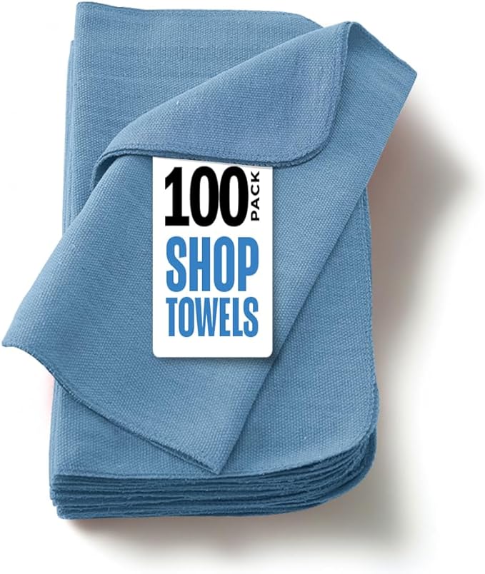 Utopia Towels Cotton Shop Towels 12x14 Inch 100 Pack Soft Absorbent Reusable Cotton Rags Durable and Multipurpose Cleaning Shop Towel for Auto Garage Bar &amp Home Cleaning (Blue)