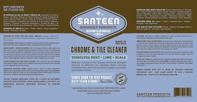 Santeen Chrome &amp Tile Cleaner | 6-pack of 22oz Trigger Spray Bottles | Dissolves Lime Rust &amp Hard Water Corrosion Stainless Steel Enamel Porcelain Sinks Tubs Shower Stalls Glass Chrome Copper
