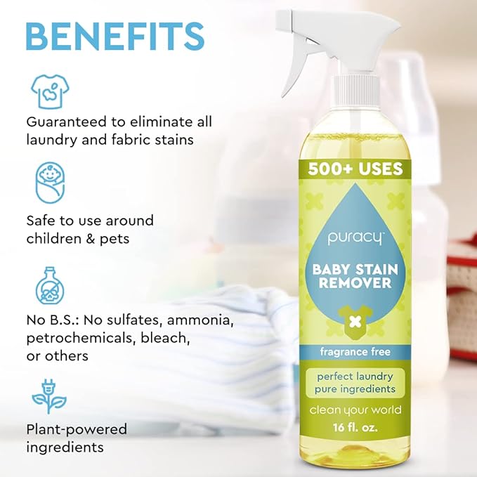 Puracy Natural Baby Stain Remover Bundle - Enzyme-Powered Stain and Odor Eliminator Fragrance Free Cleaning Spray Non-Toxic Clothes Stain Remover Spray 16oz Bottle &amp 48oz Refill Set