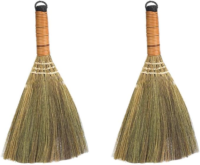 LIFKOME 2Pcs Indoor Grass Broom Whisk Broom Thai Handle Broomstick Sweeping Cleaning Tool Asian Handmade Craft Broom for Home Kitchen Bedroom