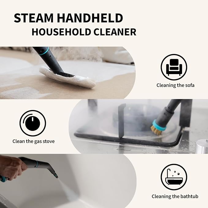 Heapsion Steam Cleaner Steamer for Cleaning with 15s Heat-Up 6 Adjustable Levels Large 1.32 Quarts Tank Pressurized Handheld Steam Cleaner for Home Dirt Grease Grout TileFloor Car 12 pcs
