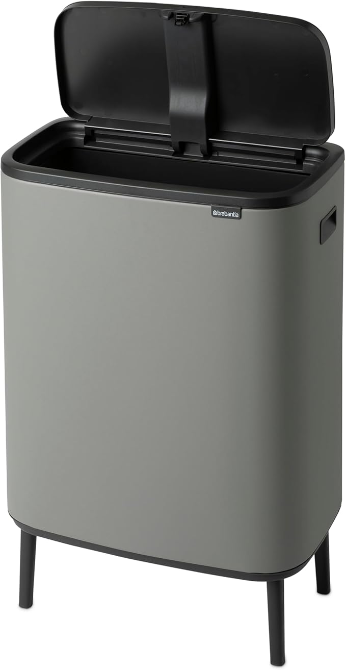 Brabantia Bo Hi Touch Top Kitchen Trash Can with Single Compartment &amp Raised Legs | Mineral Concrete Gray | 16 Gal Inner Bucket | Soft-Close Light Touch Opening Stay-Open Lid | + Trash Bags