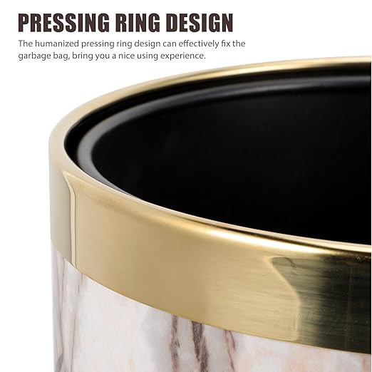 Marble Pattern Wastebasket with Gold Ring Round Plastic Bathroom Trash Can Kitchen Garbage Container for Residential and Hospitality Use