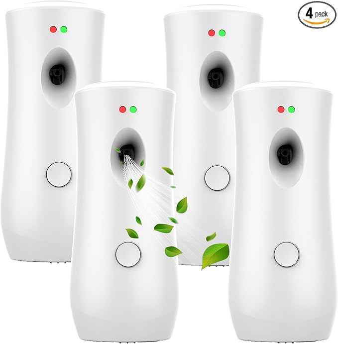 Automatic Air Freshener Spray Dispenser (4-Pack) Free Standing or Wall Mounted Adjustable Aromatherapy Machines for Home Indoor Bathrooms Offices Hotels and Commercial Places (White 001)