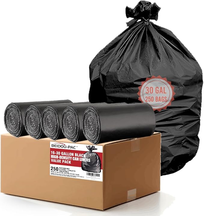 30 Gallon Trash Bags 250 Count Black Garbage bags Multi-purpose Trash Can Bin Liners for Bathroom Office Industrial Commercial Janitorial Municipal Recycling