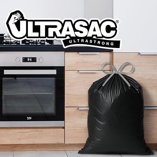 Ultrasac 18 Gallon 1.1 MIL Black Drawstring Trash Bags - 25 x 33 - Pack of 400 - For Home Kitchen Food Services &amp Commercial