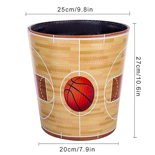 10L/2.64 Gallon Trash Can Decorative Waste Basket PU Leather Waste Paper Basket Waterproof Garbage Can for Bathroom Bedroom Office Kitchen and Living Room - Basketball