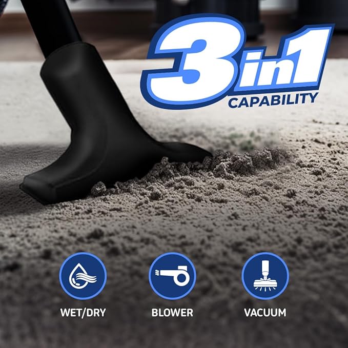 Koblenz WD-2L Portable Wet Dry Vacuum 2-Gallon 2 PHP Suction Plus Blower Vacuum Cleaner for Liquids Dust Pet Hairs 10' Reach Ideal for Home Car Garage Shop Accessories Included Blue/Black