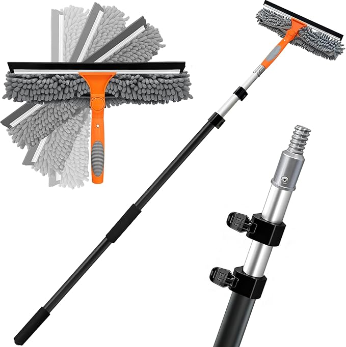 20 Ft High Reach Window Squeegee with 5-12Ft Extra-Thick Aluminum Telescopic Extension Pole| 14 Extra-Large 2-in-1 Window Cleaner Tool| Window Washer for Indoor/Outdoor WindowRVTruck Glass