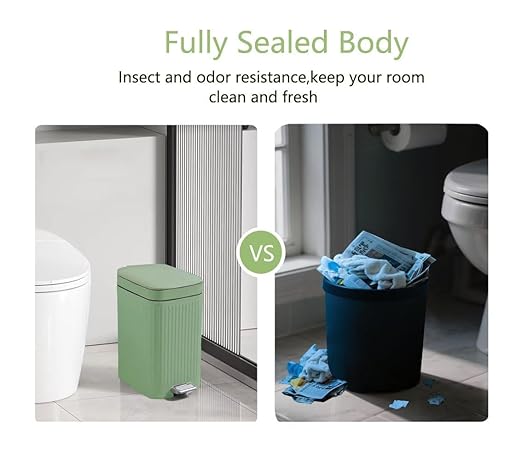 Feisco Small Trash Can with LidSmall Bathroom Trash Can with Foot Pedal and Press Type LidSlim Step-On Trash Bin Wastebasket Garbage Can for KitchenBathroom Office Bedroom (Green 1.8 Gallon)