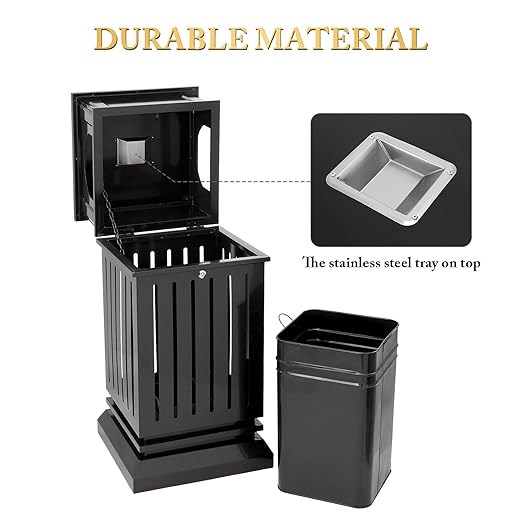 Black Stainless Steel Commercial Trash Can with Locking Lid Heavy Duty Outdoor/Indoor Waste Container Perforated Steel Panels Removable Inner Bucket for Patio Park Garden-35.5x15.8x15.8in