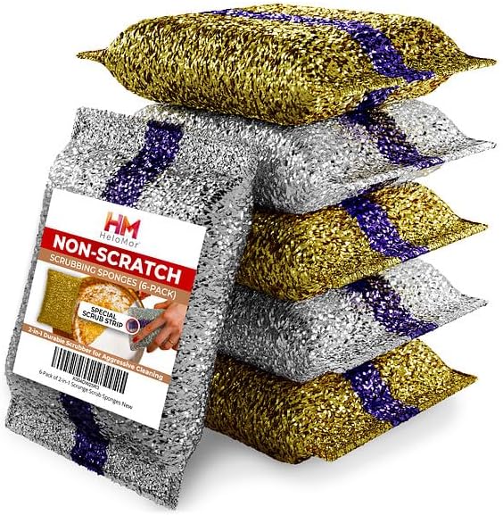 HELOMOR 6 Pack Dish Wash Sponges for Kitchen Heavy Duty Non Scratch Dish Sponge Wire Scrub Sponges for Cleaning Cookware Glass Countertops Pans Pots with Special Scrubbing Strip