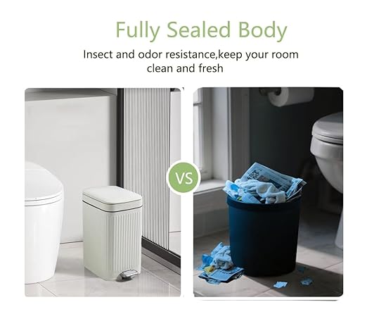 Feisco Small Trash Can with LidSmall Bathroom Trash Can with Foot Pedal and Press Type LidSlim Step-On Trash Bin Wastebasket Garbage Can for KitchenBathroom Office Bedroom (White 2.6 Gallon)