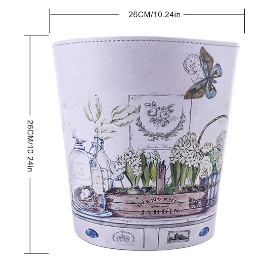 Wastebasket British Style PU Leather Round Decorative Trash Bin Garbage Can Wastebasket Without Lid for Living Room Home Office - Plants and Butterfly