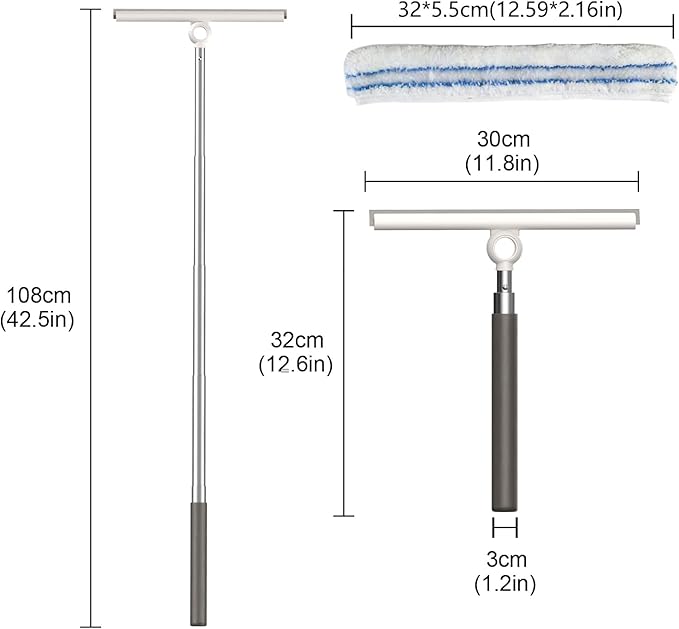 Shower Squeegee for Glass Doors Telescopic 2-in-1 Squeegee for Window Cleaning with Microfiber Scrubber for Bathroom Tile Wall Car Windshield