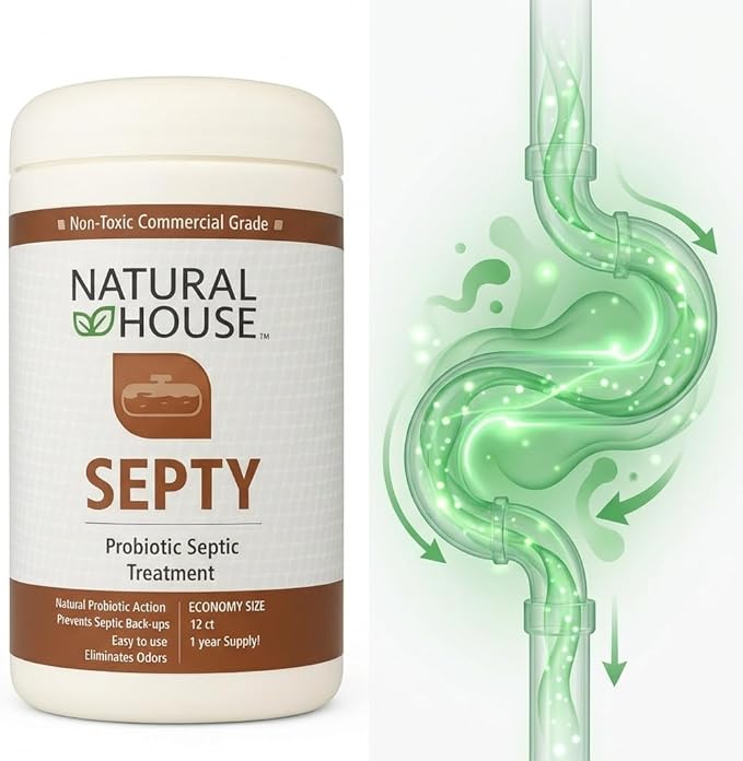 Natural House Septy - Probiotic Septic Tank Treatment - Prevents Backups - Reduces Odors - Supports Drain Fields - 12 Month Supply