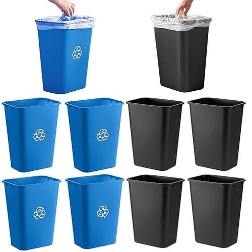 10 Pack Recycle Wastebasket 28 Qt. / 7 Gallon Rectangular Wastebasket / Trash Can Kit - Compact Recycling Bin Slim Design for Business Kitchen Household Workplace and Dormitory - Black and Blue