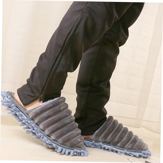 1 Pair Furry Stripes Floor Cleaning Slippers with Detachable Bottom Size Grey Unisex Mopping Slipper for House Cleaning Tool Supplies