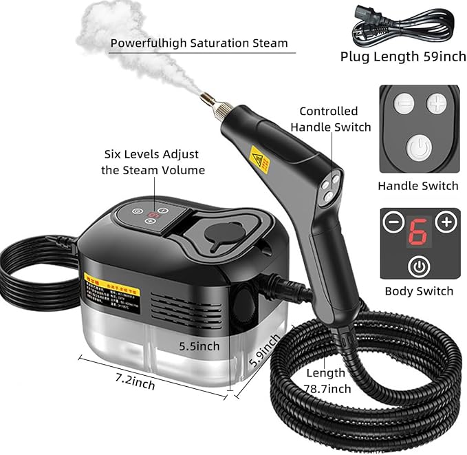 1500W Black High Pressure SteamerHandheld Steam Cleaner with Handle Controllable Switch Steam Cleaner for Window Kitchen Upholstery Floor