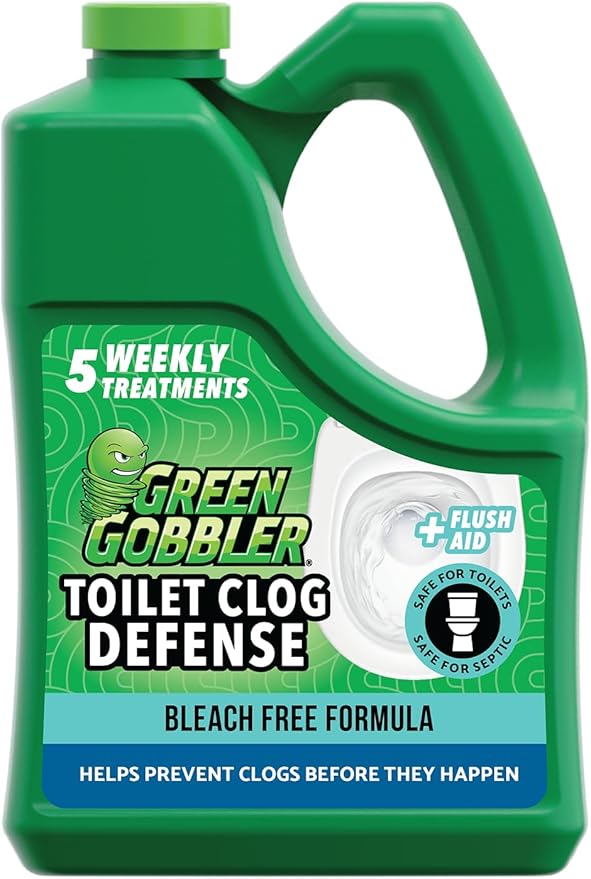 Green Gobbler Toilet Clog Defense - Coats Pipes to PREVENT Toilet Clogs and Improves Flush Performance - Safe for Septic - Great for Old Plumbing Low &amp Slow Flow Toilets 5 Treatments 60 oz