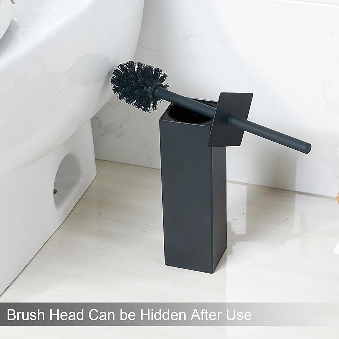 Matte Black Square Stainless Steel Toilet Brush with Holder 304 Modern Toilet Brush Set – Rust Resistant Long Handle Replacement Heads Floor Standing Bathroom Toilet Cleaning Brush