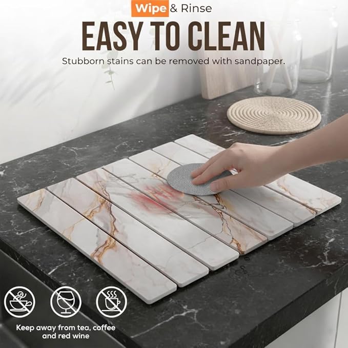 Large Stone Dish Drying Mat for Kitchen Counter 24(L)×16(W) – in Super Absorbent Diatomaceous Earth Drying Stone Quick-Dry &amp Collapsible for Dishes Bottles &amp Cups (White &amp Gold)